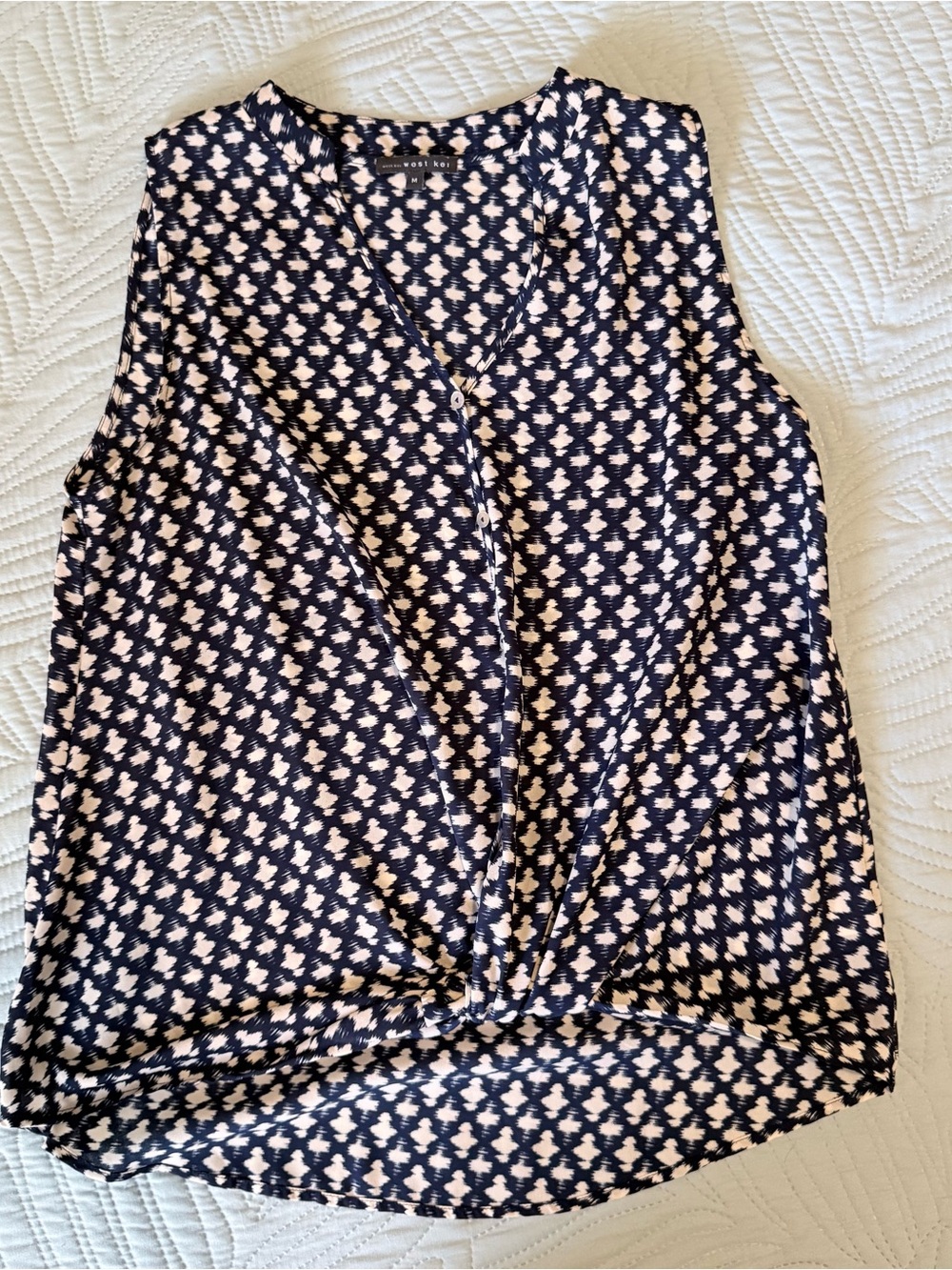 Navy and Cream Patterned Sleeveless Twist Hem Top Size M